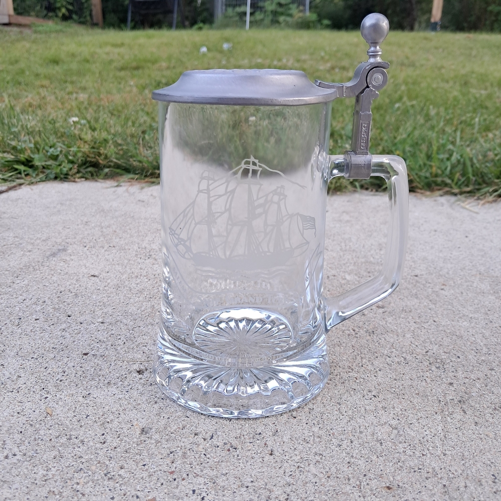 Etched Glass & Pewter Beer Stein Ship Grand Turk 1786 West Germany Old Spice Vtg